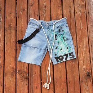 1975 Denim Shorts with Green Paint Splatter